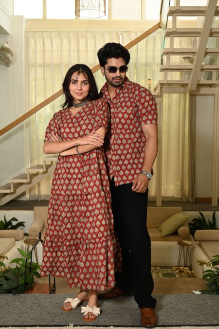 Couple Matching Red Cotton Anarkali Midi Dress and Shirt Set ? Gold Leaf Block Print